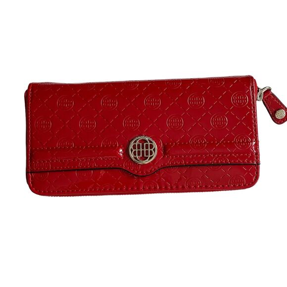 Dana Buchman Red Zip Around Wallet/Clutch Patent Leather Logo Embossed - Picture 1 of 12